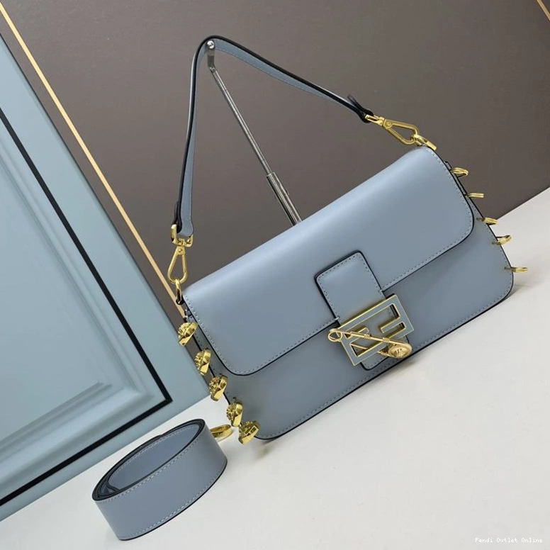 Affordable Blue Calf Bag Medium Leather Baguette Fendi In with Brooches Sky Fendace Pin 0810